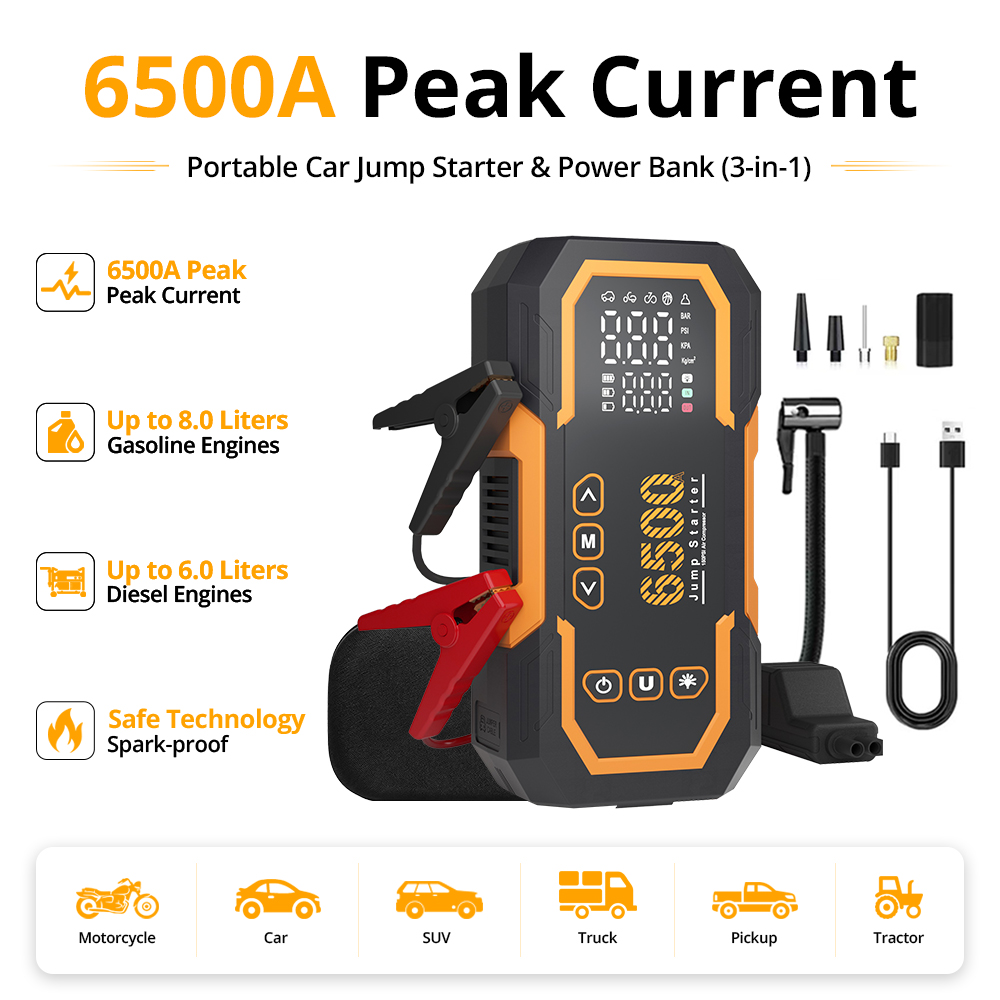 Solar Jump Starter Power Bank - 6500A Car Battery Starter–12V Car Battery